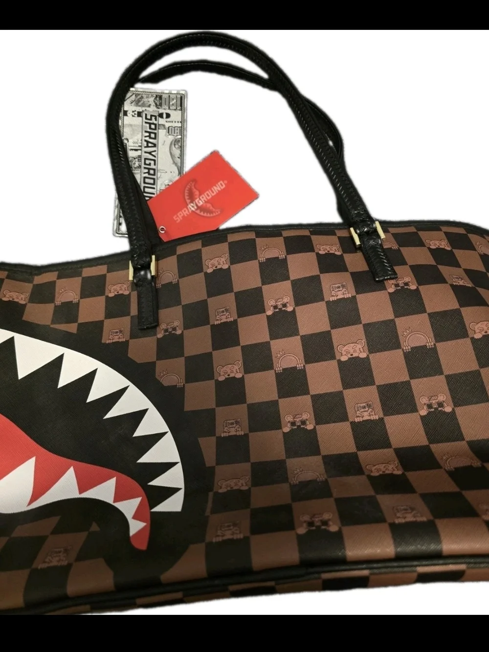 Sprayground Limited Edition Brown Checkered Shark Tote Bag NWT